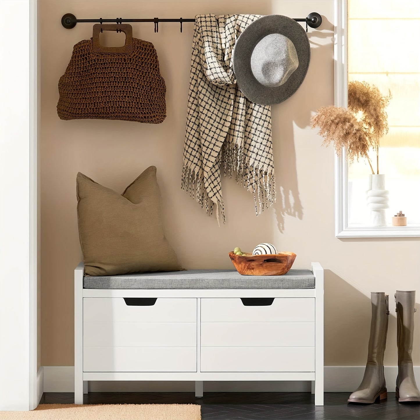 Schoenenkastje – Schoenopberger – Schoenbankje – Schoenenrek – Halmeubel – Wit – MDF Met Houten Poten – Afneembaar Grijs Zitkussen – Draagvermogen 100 kg