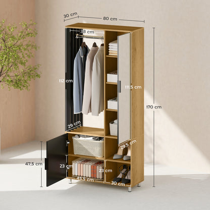 Kledingkast – Garderobekast – Opbergkast – Kleerkast – Kast met Spiegel – Compact 80x30x170 cm – MDF Natuurlijke Houtlook