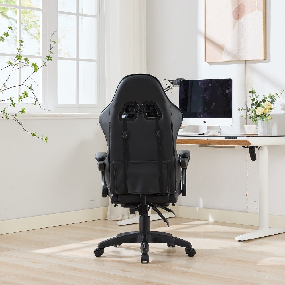 360° Swivel Ergonomic Racing-Style Gaming Chair | Leather High-Back Office Chair with Height-Adjustable Work Chair, Footrest, Headrest, Lumbar Support, Suitable for Office and Gaming Use, Black