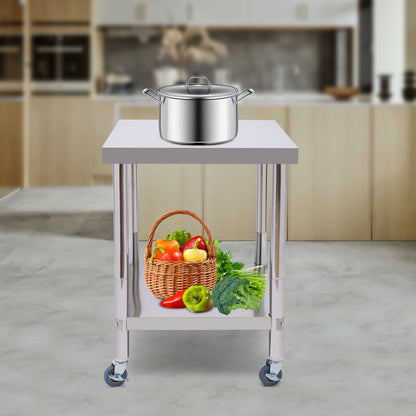 RVS Werktafel – Roestvrijstalen Werkbank – Keukentafel – Werkblad – Mobiele Tafel – 60x60 cm – 2 Niveaus – Max 300 kg Draagvermogen - QUORE