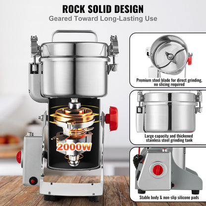 Krachtige Graanmaler – Specerijenmaler – Kruidenmolen – Elektrische Grinder – 2000W Motor – 500 Gram Capaciteit