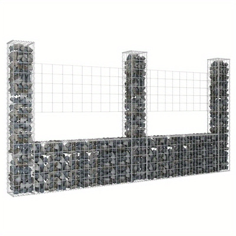 Tuinafscheiding – Tuinscherm – Buitenomheining – Privacy Scherm – Gabion Hek – U-vormig Met 3 IJzeren Palen – Stevig Metalen Materiaal – 260x20x150 cm