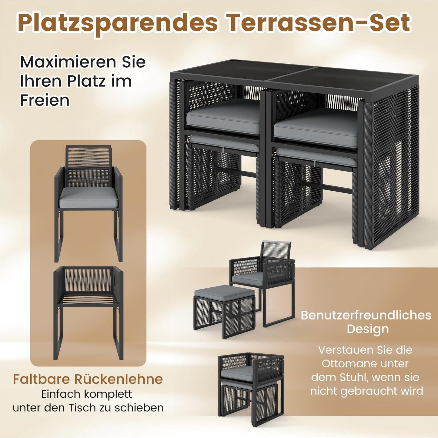 5-Delige Rattan Tuinset – Balkon Meubels – Buitenmeubilair – Tuinmeubelen – Patio Set – Inklapbare Rugleuning – Inclusief Zachte Kussens