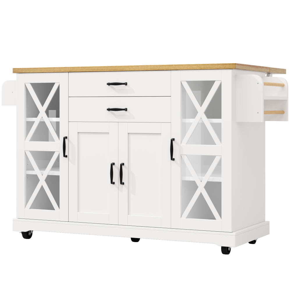 Keukentrolley – Keukenkast – Serveerwagen – Opbergtrolley – Keukenwagen – Wit – 4 Deuren met Glas – Verstelbare Planken – 2 Lades – Verrijdbaar – 120x40/63,5x94,5 cm – Modern Design