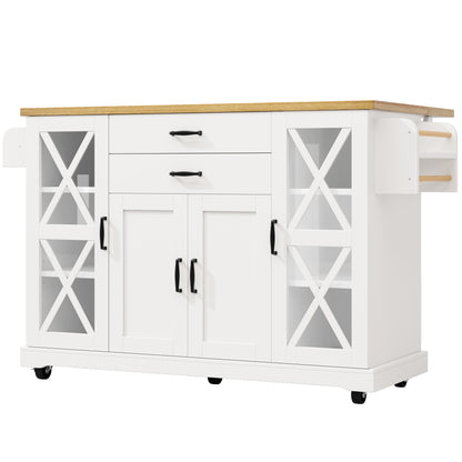 Keukentrolley – Keukenkast – Serveerwagen – Opbergtrolley – Keukenwagen – Wit – 4 Deuren met Glas – Verstelbare Planken – 2 Lades – Verrijdbaar – 120x40/63,5x94,5 cm – Modern Design