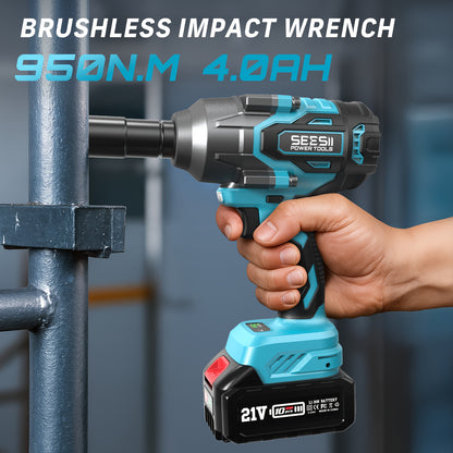 Draadloze Slagschroevendraaier – Accu Slagschroefmachine – Impact Wrench – Accu Moersleutel – Elektrische Slagsleutel – 950 Nm Koppel – Brushless Motor – 2 x 4,0 Ah Batterijen – Snellader – 5 Dopmaten