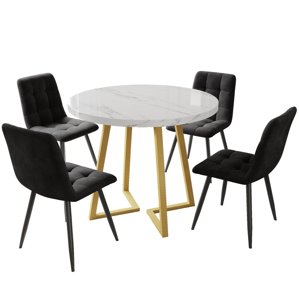 Eettafelset – 5-delig – Ronde Eettafel – Keukentafel – Stoelenset – Compact Diner – Ø80 cm – Wit MDF Tafelblad – Zwarte Fluwelen Stoelen