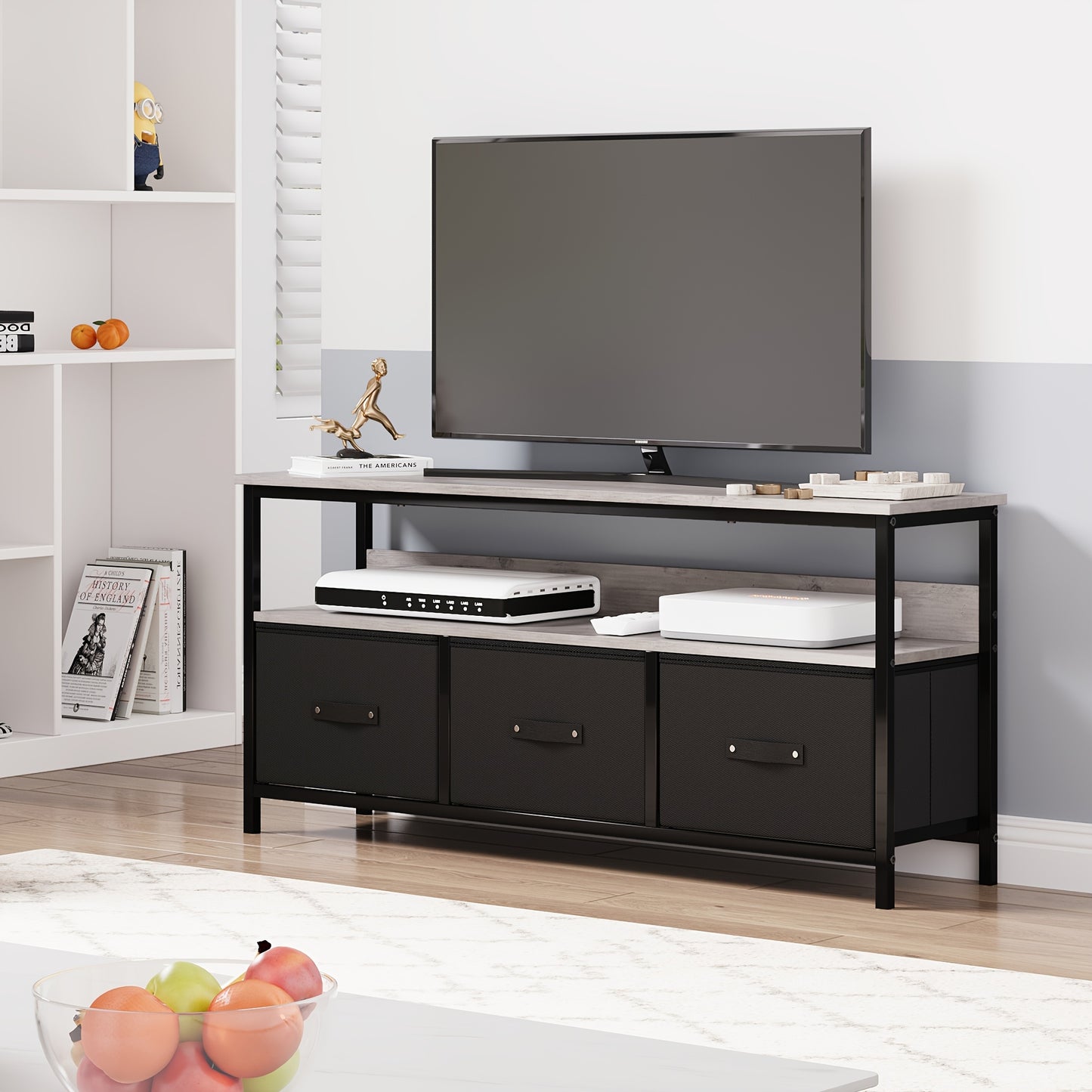 tv-meubel – tv-kast – entertainmentmeubel – media-meubel – dressoir – 139,7 cm – MDF en metaal – grijs met zwarte accenten