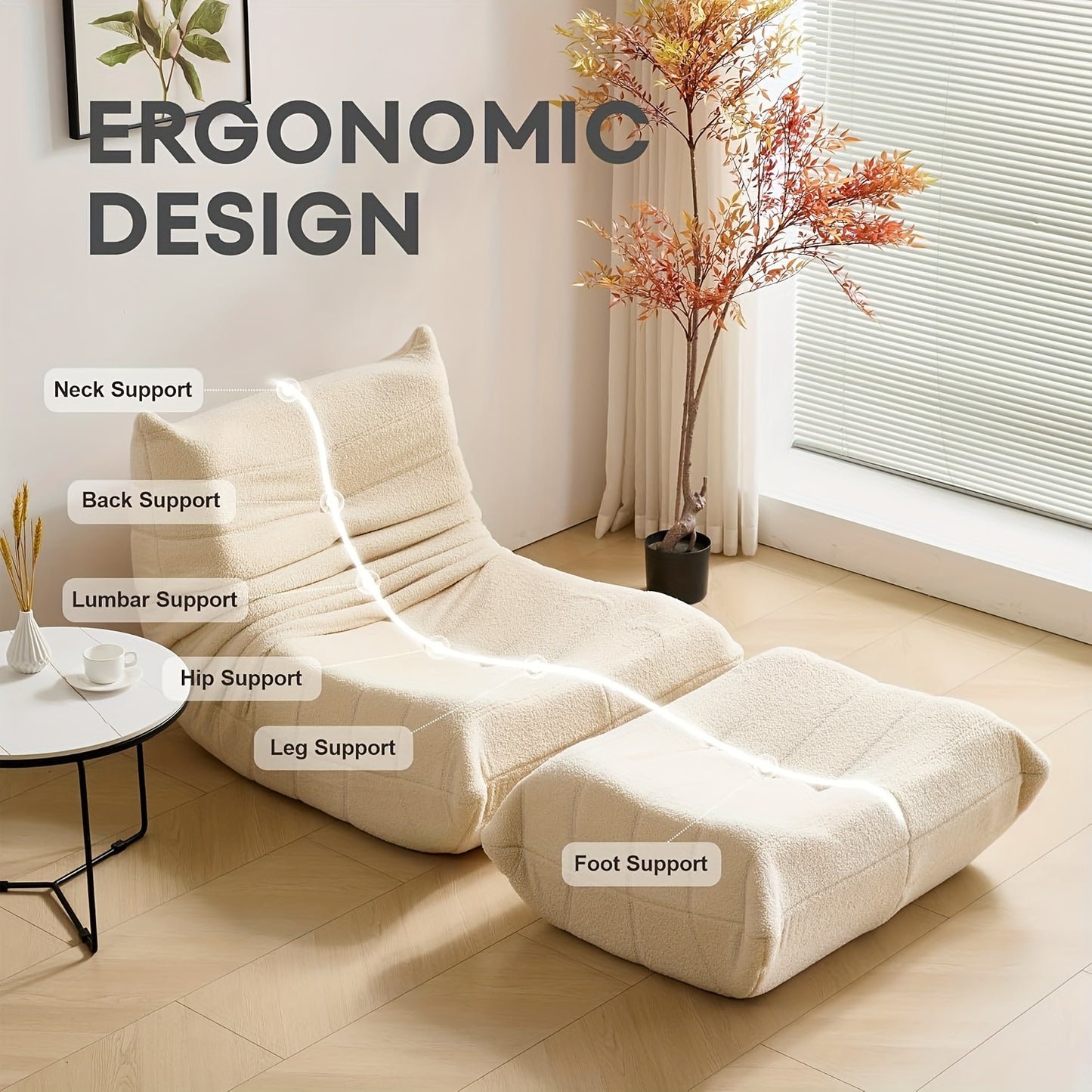 Loungestoel – Zitzakstoel – Armloze Fauteuil – Accentstoel – Chaise Lounge – Ergonomisch Ontwerp – Zachte Sherpa Bekleding – Beige Met Voetenbank