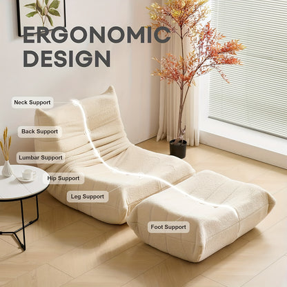 Loungestoel – Zitzakstoel – Armloze Fauteuil – Accentstoel – Chaise Lounge – Ergonomisch Ontwerp – Zachte Sherpa Bekleding – Beige Met Voetenbank