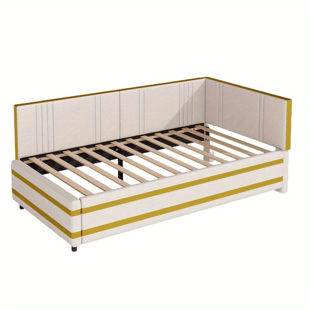 Gestoffeerd Bed – Sofa Bed – Multifunctioneel Bed – Bedbank – Eenpersoonsbed – 90x200 cm – Fluwelen Bekleding – Lattenbodem Voor Comfort - Beige