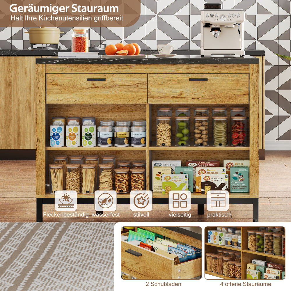120×75×90cm, Country-Style Kitchen Island with 2 Drawers and 4 Open Shelves, Oak Grain Finish, Black Marble Countertop, Metal Frame, Kitchen Island With Seating, Kitchen Shelf Organizers And Storage, Island Table For Kitche