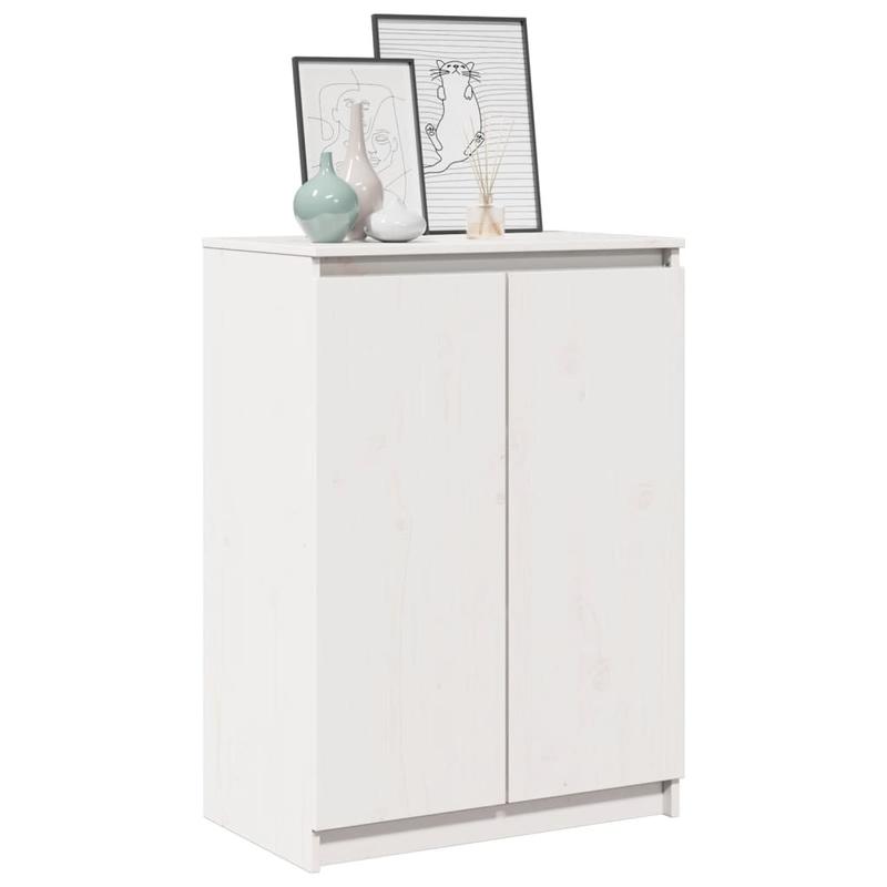 Modern White Solid Wood Pine Sideboard Cabinet with Lockable Doors & Adjustable Shelves - 60cm Wide Floor-Standing Storage Furniture, Fire-Resistant Hardwood Construction, Minimalist Design for Living Room, Hallway, Entryway