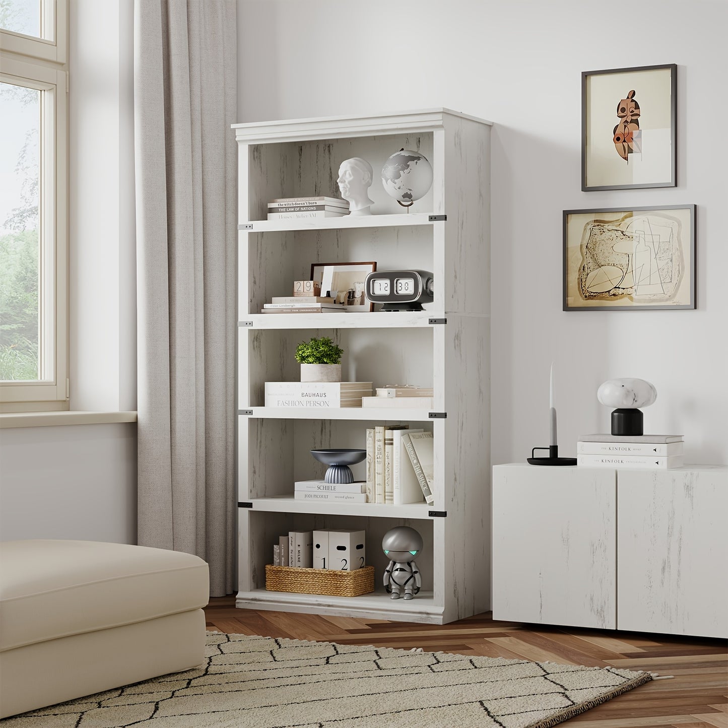 TACKVIEW Retro Style Bookcase - 800x320x171, 5.08 cm Antique White/Black Wooden Shelf with 6 Shelves, 2 Drawers & 2 Open Shelves, Freestanding Vertical Storage for Living Room, Bedroom, Office - Easy Assembly, Durable MDF & W