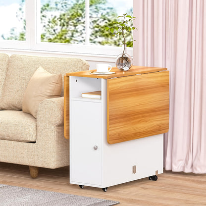 Inklapbare Eettafel – Opklapbare Tafel – Uitklapbare Tafel – Compacte Tafel – Verrijdbare Tafel – Met Wieltjes – Ruimtebesparend Ontwerp – Ingebouwde Opbergruimte – Wit Met Houten Accenten – 120x70x78 cm