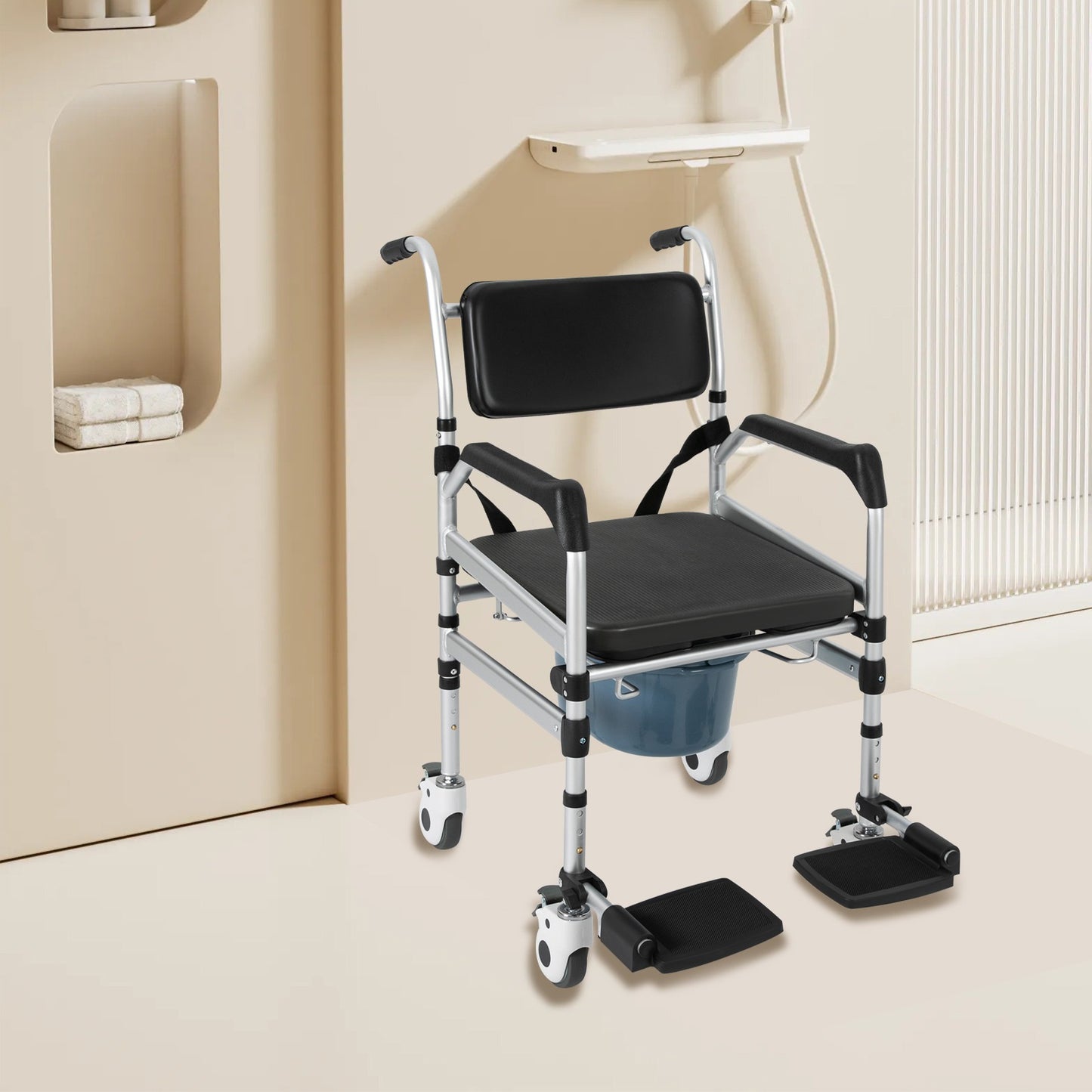 Douchekruk – Douchestoel – Badkruk – Douchezitje – Douche-/Toiletstoel – Verstelbaar In Hoogte – Met 4 Wielen Met Remmen – Met Bidet En Veiligheidsriem – Stevig Metalen Frame Tot 160 kg
