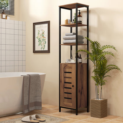 Badkamerkast – Kolomkast – Opbergkast – Toiletkast – Badmeubel – Industrieel Design – 37x30x167 cm – MDF met Stalen Frame – Verstelbare Planken & Ventilerende Lattendeur – Kastanje Bruin