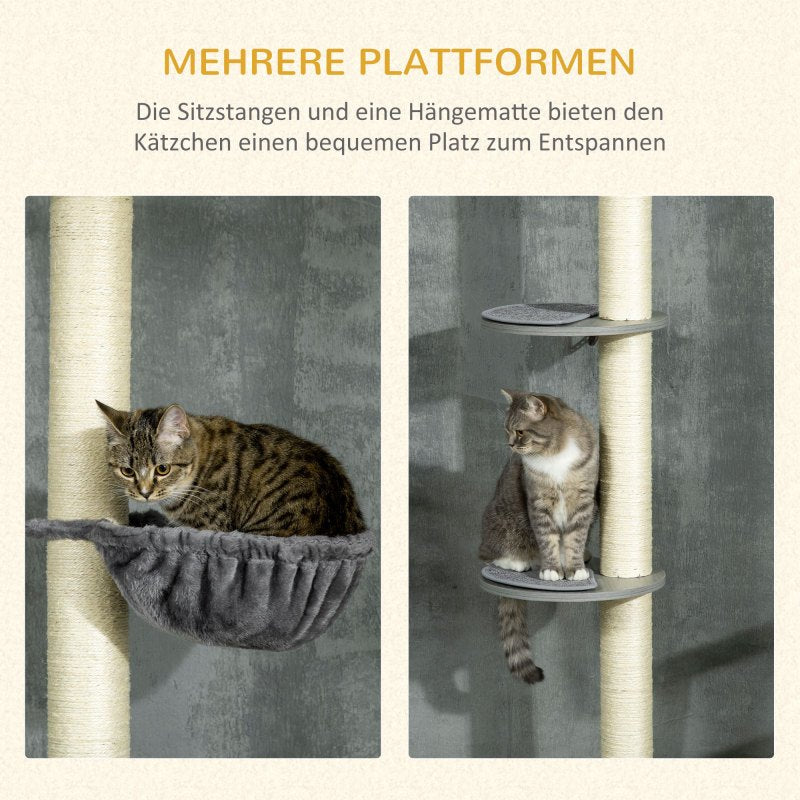 Krabpaal – Kattenkrabpaal – Kattenboom – Krabmeubel – Kattentoren – Verstelbaar tot 250 cm – Stevige Houten Basis – Hangmat – Sisal Kraboppervlakken – Grijs