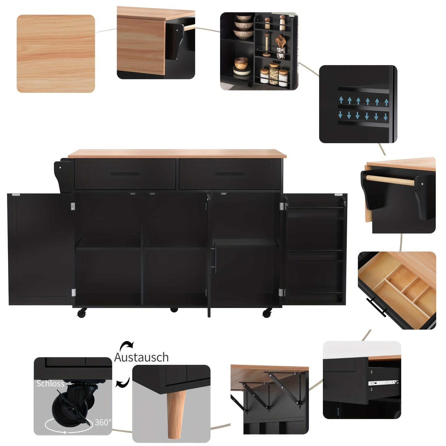 Dressoir – Sideboard – Opbergkast – Ladekast – Kastenmeubel – Zwart – Massief Houten Blad – Inklapbare Werkbank – Wieltjes – 129x46x91,5 cm