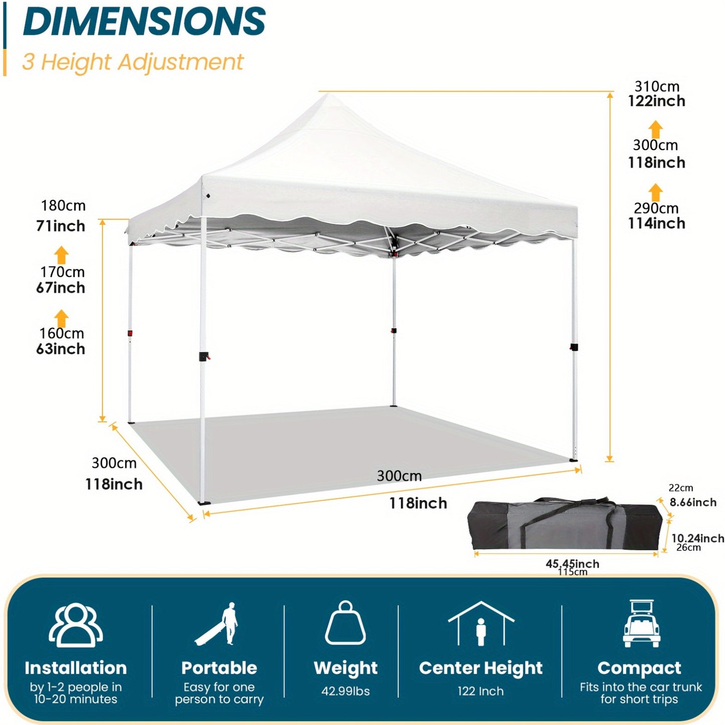 3.05x3.05meter Pop-up Canopy, No Side Walls, An Outdoor Canopy That Can Be Built By One Person, Height Adjustable, Suitable For Weddings, Camping, And Parties, Comes With A Handbag, Additional 4 Wind Ropes + 8 Ground Nails +