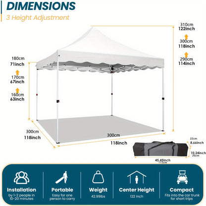 3.05x3.05meter Pop-up Canopy, No Side Walls, An Outdoor Canopy That Can Be Built By One Person, Height Adjustable, Suitable For Weddings, Camping, And Parties, Comes With A Handbag, Additional 4 Wind Ropes + 8 Ground Nails +