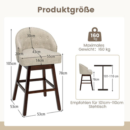 Barkrukken – Barstoelen – Keukenstoelen – Barkruk Set – 2 Stuks – 360° Draaibaar – Ergonomische Rugleuning – Verstelbare Voetensteun – Beige Rubberwood Frame