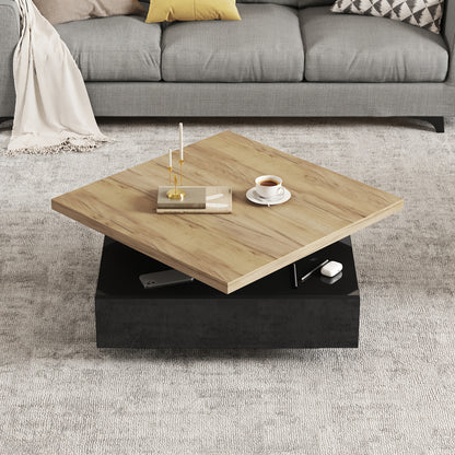 Draaibare Salontafel – Vierkante Tafel – Bijzettafel – Opbergtafel – Bamboe Tafel – 360° Draaibaar – Dubbelzijdige Opbergruimte – Zwart Hoogglans