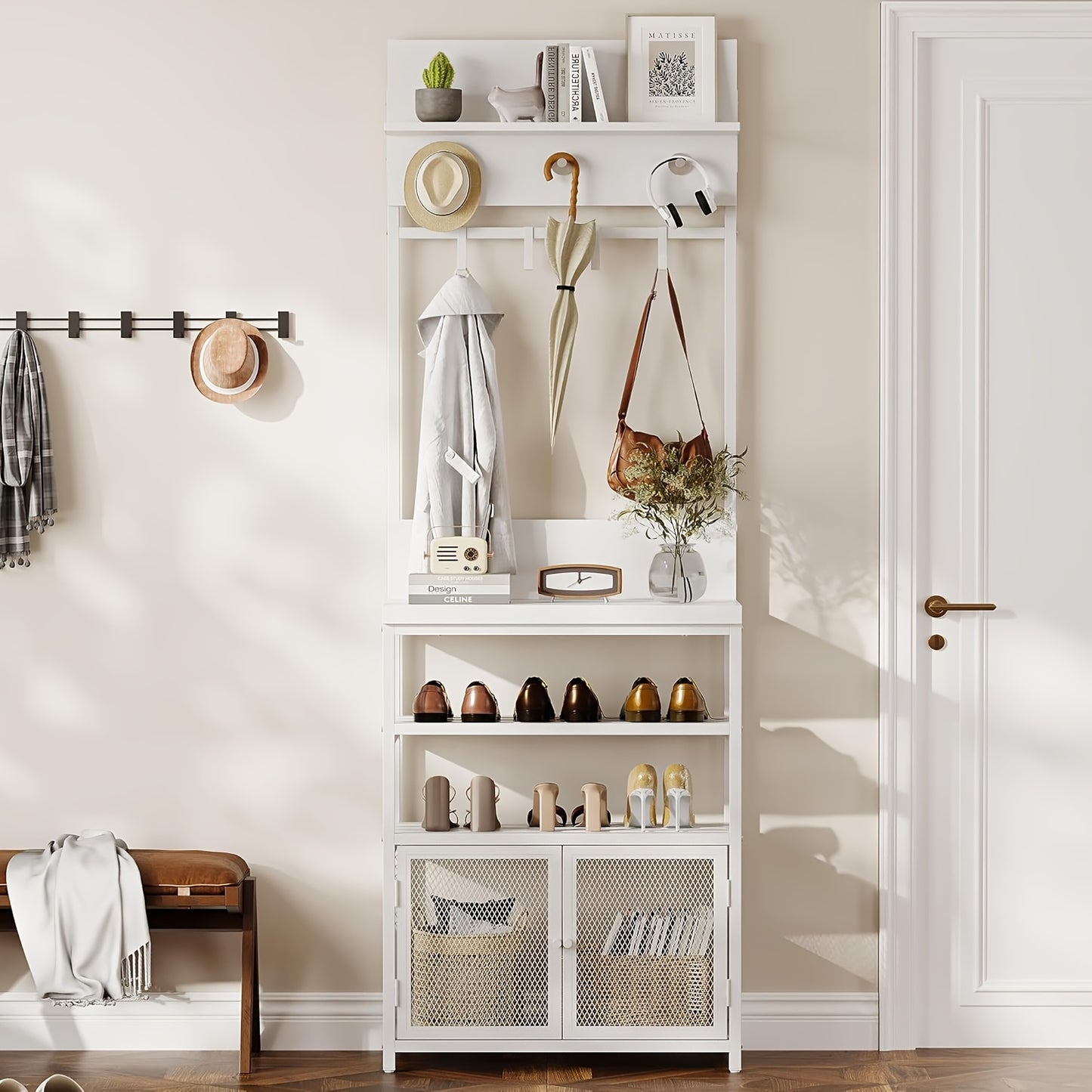 Kapstok – Jashaak – Schoenenrek – Garderoberek – Entree Organizer – Wit – Smal Design – 7 Haken – 3 Laags Schoenenrek – Hoogwaardige MDF & Metaal