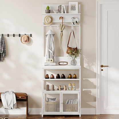 Kapstok – Jashaak – Schoenenrek – Garderoberek – Entree Organizer – Wit – Smal Design – 7 Haken – 3 Laags Schoenenrek – Hoogwaardige MDF & Metaal