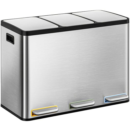 Stainless Steel Kitchen Trash Can with 3-Compartment Waste Sorting System, 45L Total Capacity (3 x 15L) - Heavy-Duty Rectangular Design, Quiet Slow-Lowering Lid - QUORE