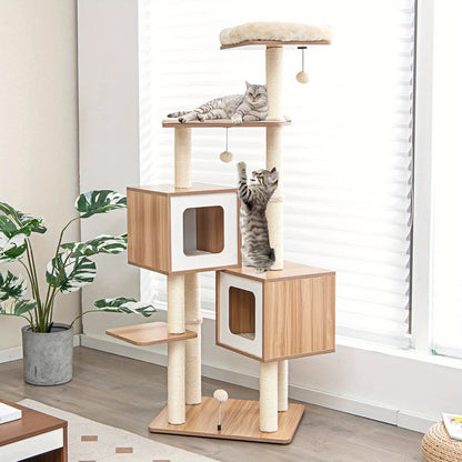 Krabpaal Kat – Kattenboom – Kattenhuis – Klimpaal – Krabtoren – 163 cm Hoog – MDF & Sisal – 2 Ruime Condo’s – Pluche Zitplek – Speelballen – Geschikt Voor Grote Katten