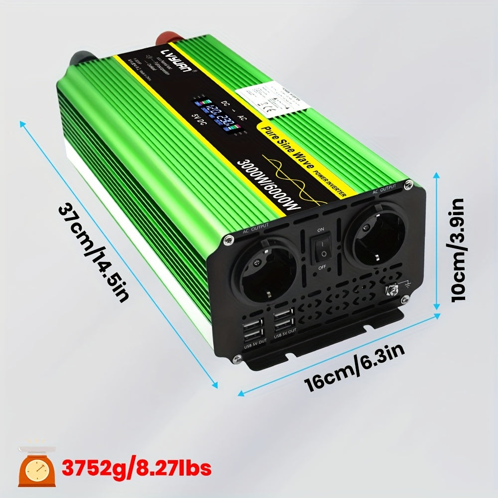 Omvormer – Spanningsomvormer – Stroomomvormer – DC naar AC Converter – Power Inverter – 3000W Continu Vermogen – Pure Sinusgolf Met LCD Display & Afstandsbediening