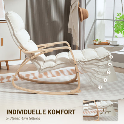 Schommelstoel – Relaxstoel – Fauteuil – Voedingsstoel – Loungestoel – Gestoffeerd – Verstelbare Voetsteun – Birkenhouten Frame – Crème Wit