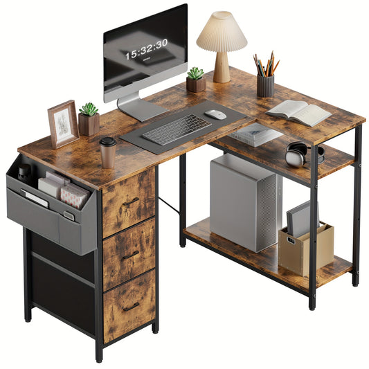 L-vormig Bureau – Hoekbureau – Computertafel – Werkplek Meubel – Bureautafel – Bruin – 140x78x74 cm – 3 Geweven Laden & Grote Opbergtas – Stevige Fiberboard Constructie