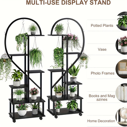 Plantenwagen – Plantenrek – Bloementrolley – Plantentrolley – Plantenkast – Zwart Metalen Frame – 6 Lagen – Mobiel met Wieltjes – 110x28x172 cm – Geschikt Binnen en Buitengebruik