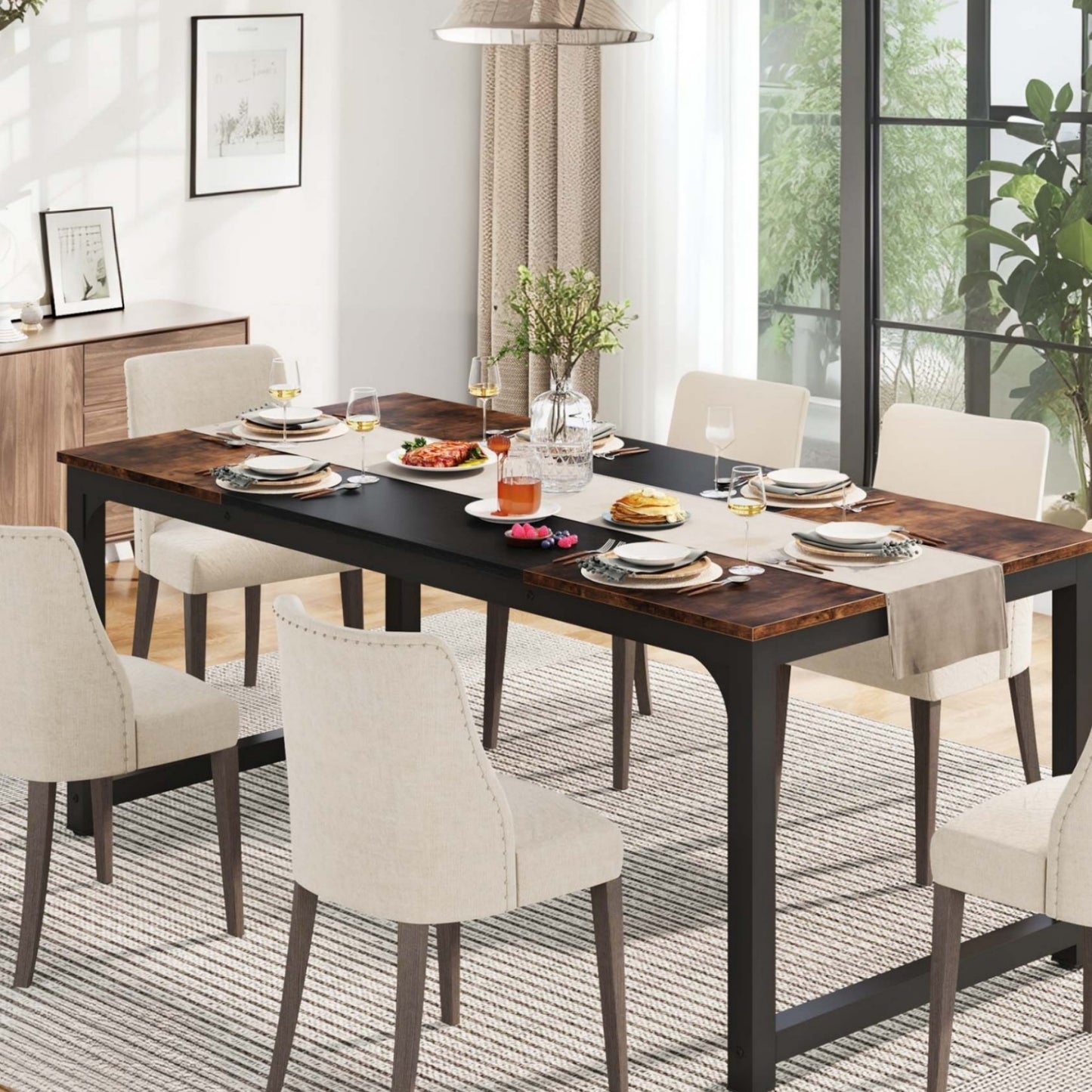 160.02cm x 80.01cm Heavy-Duty Industrial Rectangular Dining Table with Metal Legs & Engineered Wood Top - Modern Large Conference Desk for Home, Office, Kitchen, 4-6 Person, Black/Beige, Spacious Surface, Easy Assembly (Board