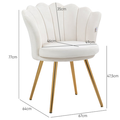 Velvet Stoel – Fauteuil – Eetkamerstoel – Woonkamerstoel – Slaapkamerstoel – Creme Kleur – Gouden Metalen Poten – Zacht Polyester Bekleed – Compacte Afmetingen 67x64x77 cm