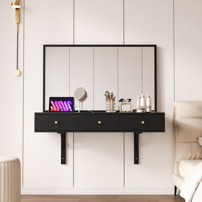 Vanity Hanging with Mirror, 3 Drawers and Power Outlets, Tablet-Card Slot, Beverage Holder; Black 100×105×45 cm (W×H×D)