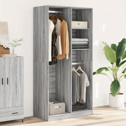 Spacious Gray Sonoma Oak Wood Wardrobe - Classic Design with Hanging Rails, Shelves for Shoes and Accessories, Ideal for Organizing Clothing and Footwear, Accessory Organization|Classic Wardrobe|Durable Wood Construction