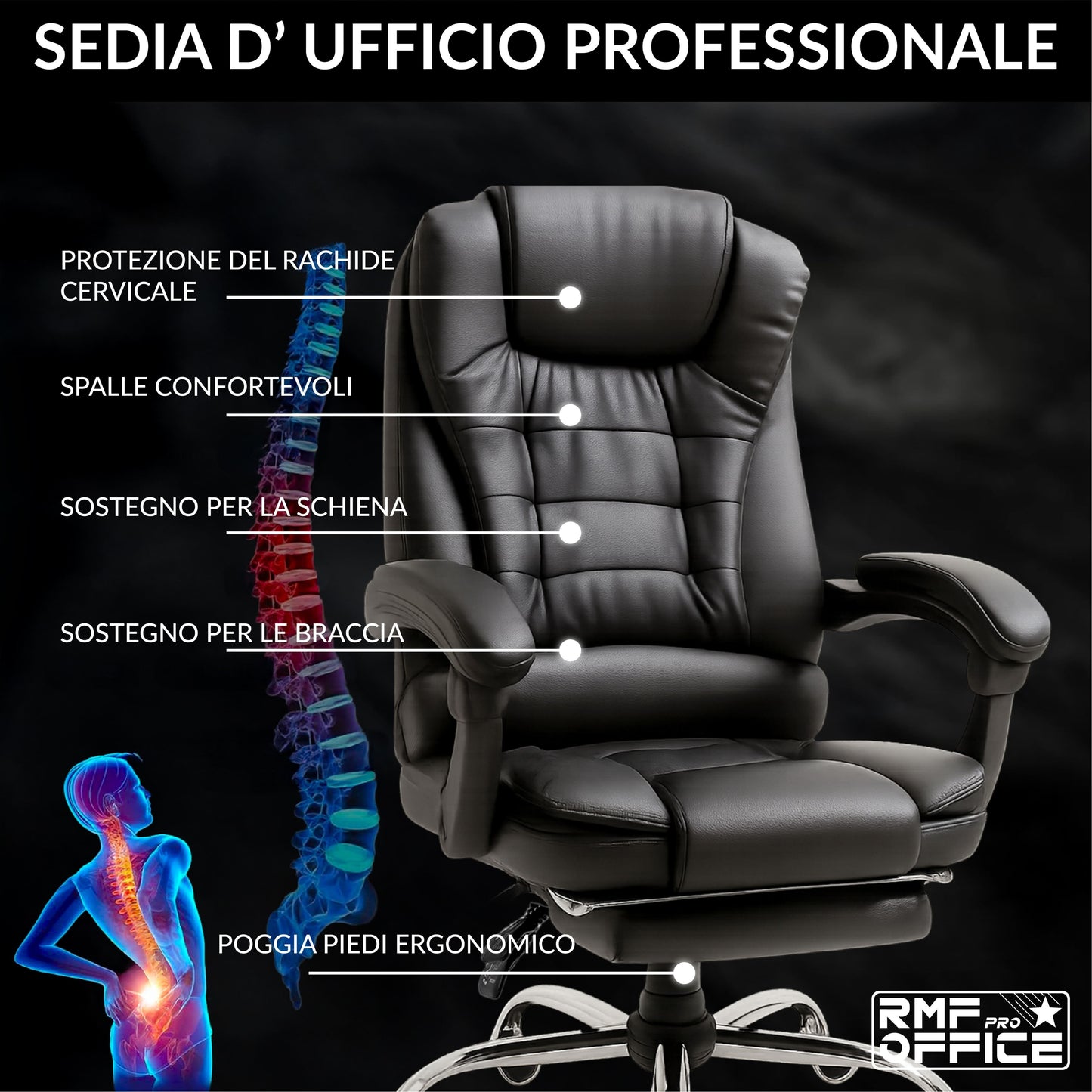 Bureaustoel – Ergonomische Stoel – Office Chair – Computerstoel – Bureaustoelen – Verstelbare Hoogte – Inklapbare Voetensteun – Draaibaar – Zwarte Kunstleren Bekleding