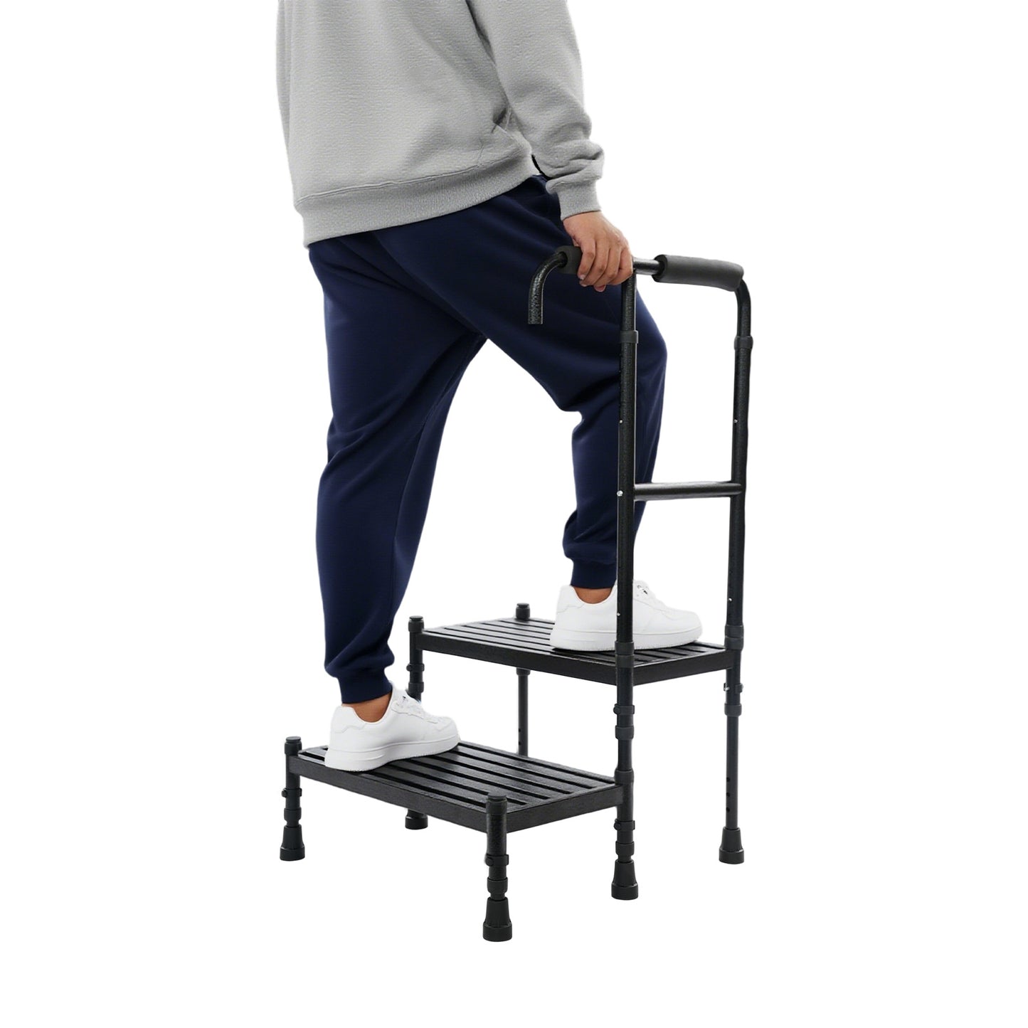 Heavy-Duty Step Stool with Handle & Adjustable Handrail - 2-Step Stairs Suitable for, Seniors,, - Sturdy Metal Stepping Stool with Wide Steps & Rubber Feet for Bed, Car, /Outdoor Use - Portable Ramp Stool