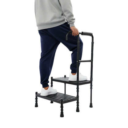 Heavy-Duty Step Stool with Handle & Adjustable Handrail - 2-Step Stairs Suitable for, Seniors,, - Sturdy Metal Stepping Stool with Wide Steps & Rubber Feet for Bed, Car, /Outdoor Use - Portable Ramp Stool