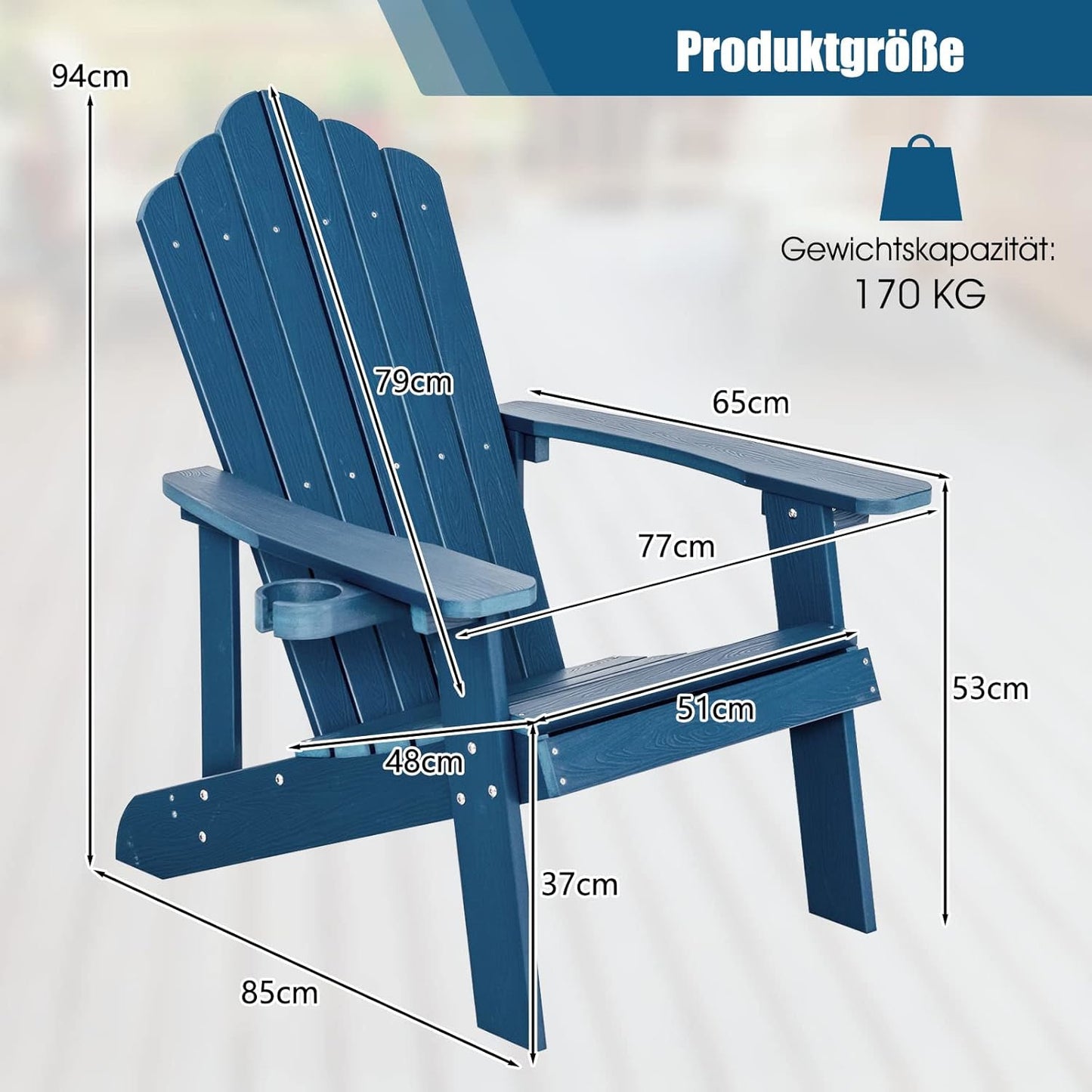 Adirondack Tuinstoel – Buitenstoel – Tuinstoel – Terrasstoel – Balkonstoel – HIPS Kunststof Met Roestvrij Stalen Frame – Weerbestendig Tot 172 KG – Navy Blauw Met Bekerhouder