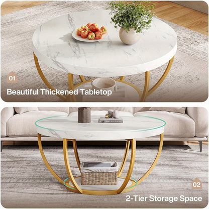 Salontafel – Koffietafel – Woonkamertafel – Bijzettafel – Tafel – Modern – Ronde 2-laags – Wit marmerlook MDF blad – Gouden metalen poten