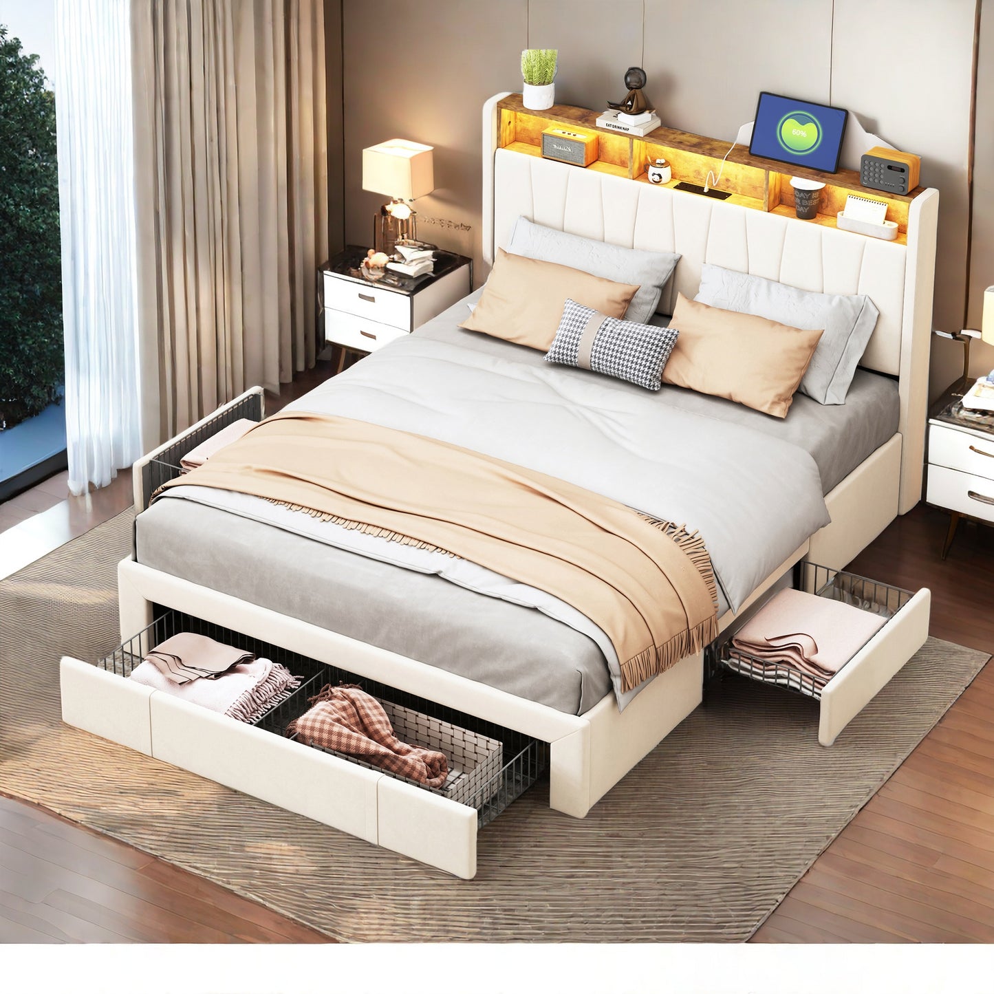 Tweepersoonsbed – Dubbelbed – Queensize Bed – Slaapbank – Bedframe – Fluwelen Bedframe – 160x200 cm – LED Verlichting en USB Poort – 4 Opbergladen