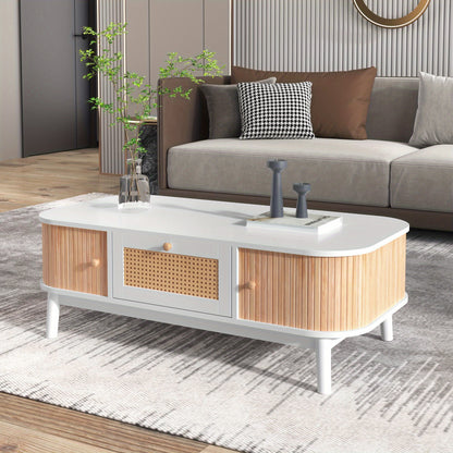 Salontafel – Koffietafel – Tafelblad – Woonkamertafel – Houten Tafel – Massief Hout Met Rattan – Schuifdeuren En Lades – 110x55x38,5 cm – Wit Met Houtkleur