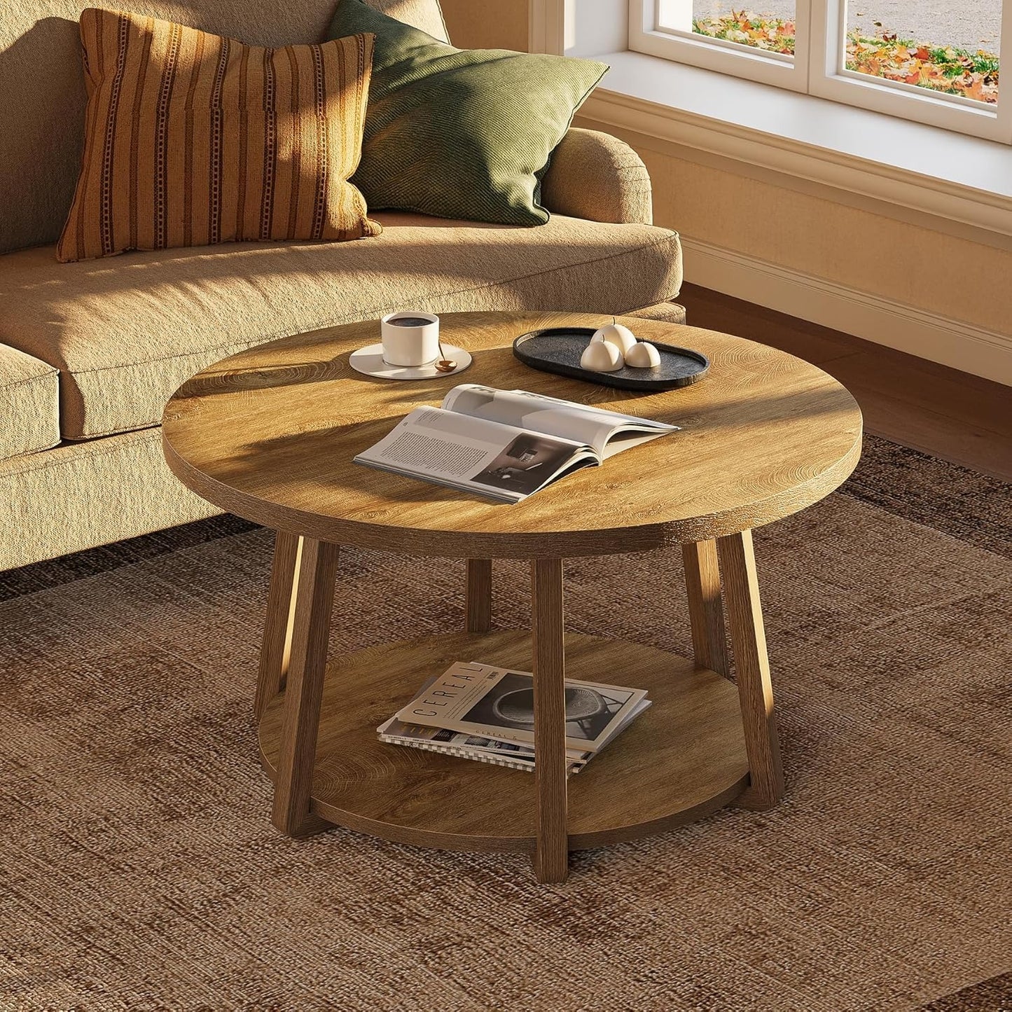 Modern Round Coffee Table with Storage Shelf - 31.5” Round (80cm) White Engineered Wood Top & Lower Shelf, Space-Saving MDF Base, Easy Assembly, Rounded Edges, 80 Weight Capacity - Contemporary Center Table for Living Room,