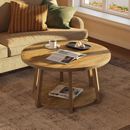 Modern Round Coffee Table with Storage Shelf - 31.5” Round (80cm) White Engineered Wood Top & Lower Shelf, Space-Saving MDF Base, Easy Assembly, Rounded Edges, 80 Weight Capacity - Contemporary Center Table for Living Room,