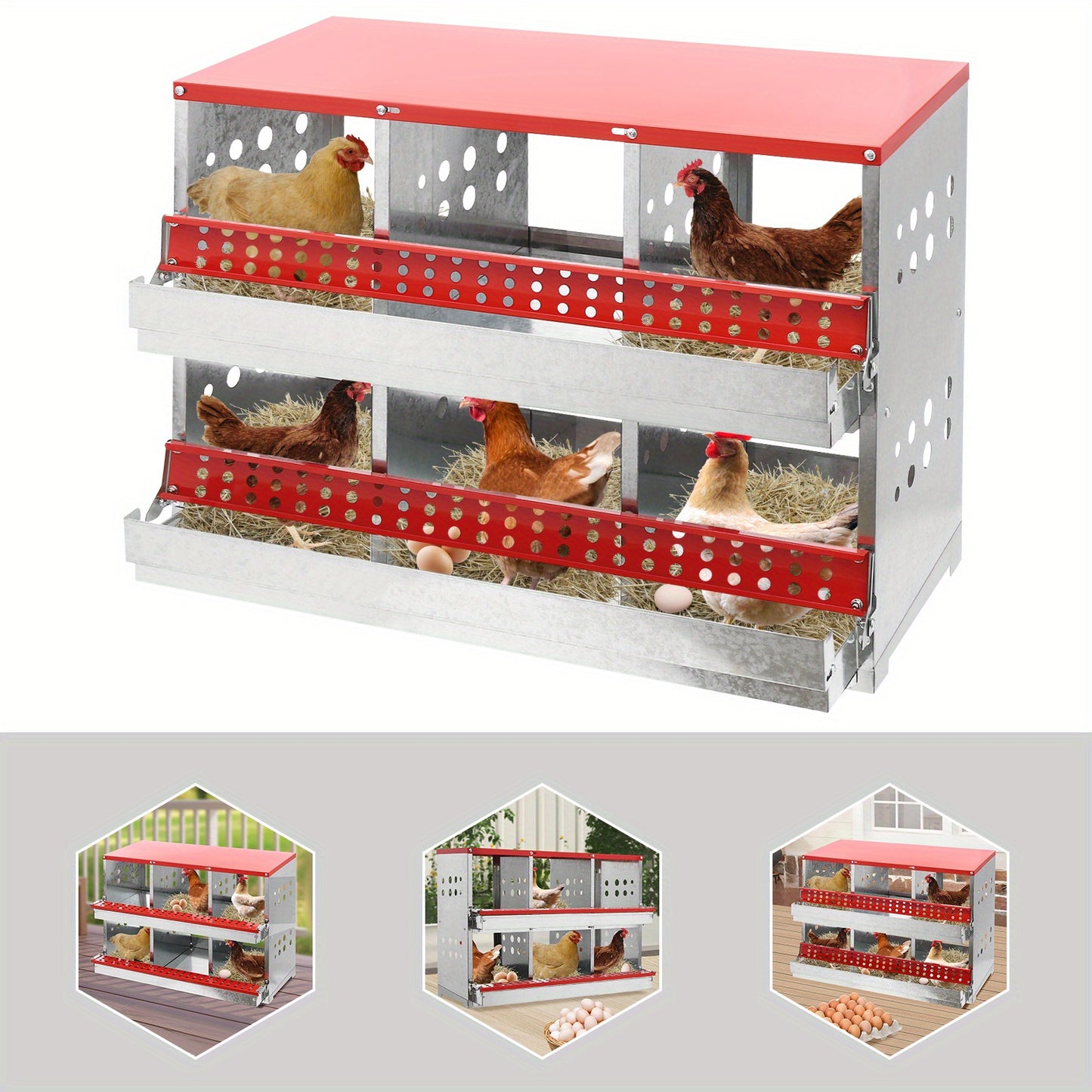 Broedhok Kip – Kippennest – Legnest – Nestkast – Kippenhok Nest – Vrijstaand Met 6 Compartimenten – Gegalvaniseerd Staal en Ventilatie Openingen