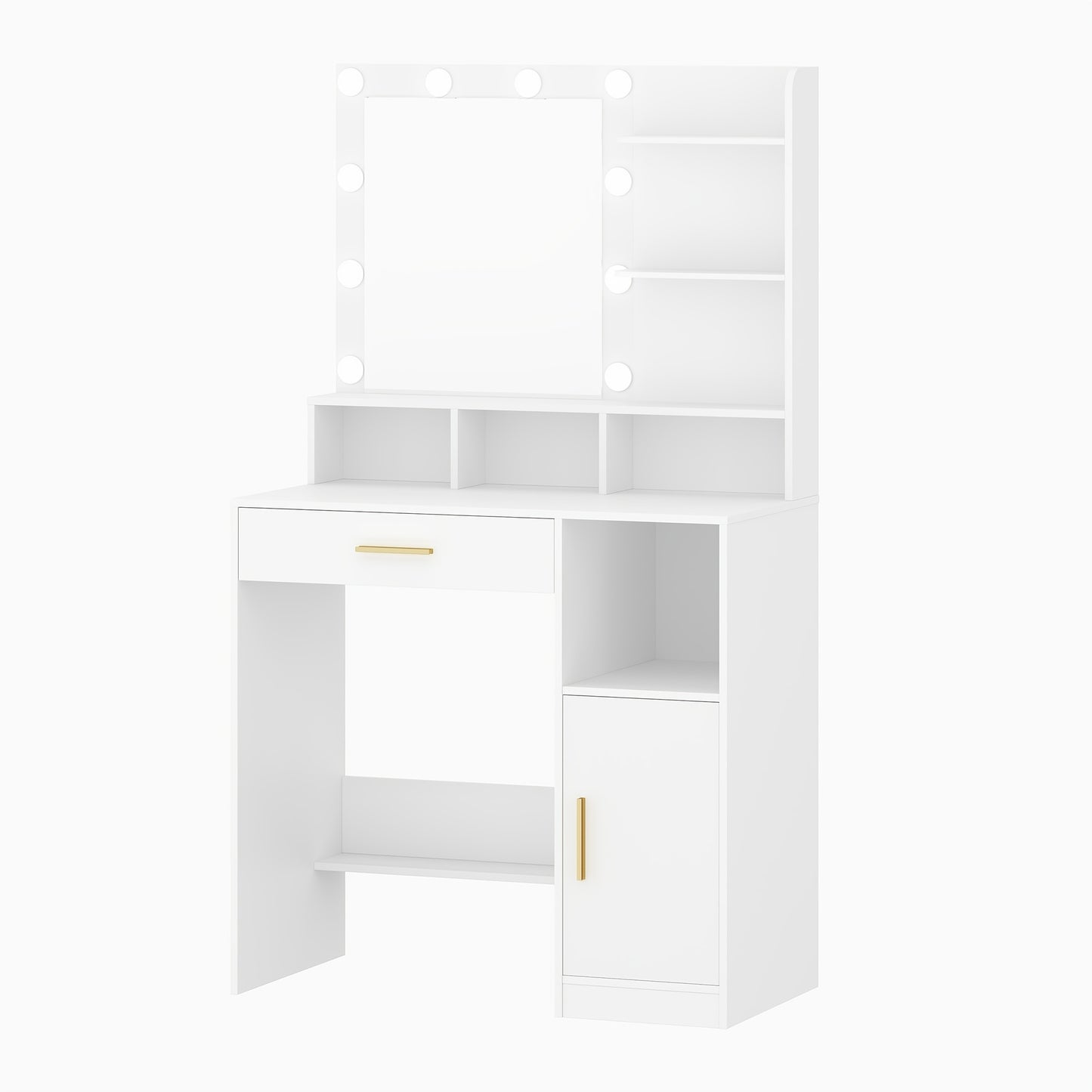 Kaptafel – Make-uptafel – Opmaaktafel – Visagietafel – Schoonheidstafel – Met Spiegel & 10 LED Lampen – 3 Planken & 4 Vakken – Wit – MDF – Compact & Inclusief Kruk
